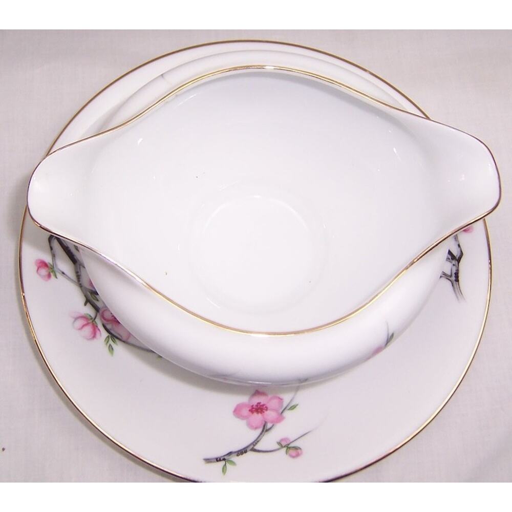 VTG Diamond China Cherry Blossom Gravy Boat Attached Underplate Midcentury - Picture 3 of 4